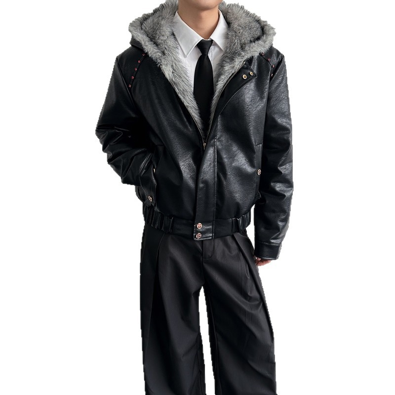 PU bőrdzseki fleece béléssel, kapucnival, cipzárral, oldalsó zsebekkel