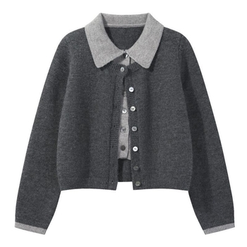 Πλεκτό γυναικείο cardigan με ψεύτικο διπλό στρώμα, γιακά polo, μακριά μανίκια, στενή γραμμή