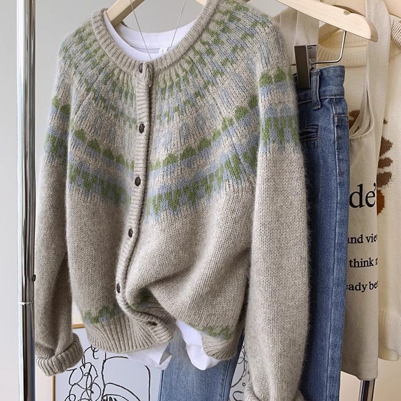 Damski kardigan od pliš velura s uzorkom Fair Isle, božićni motiv, za proleće i jesen, debeli pleteni kaput, udoban ležerni stil