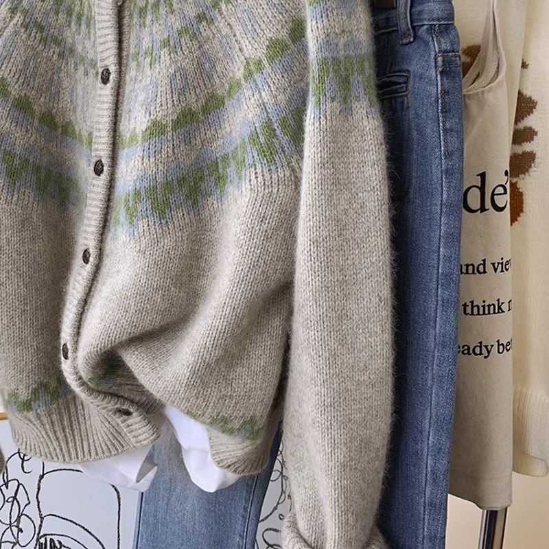 Damski kardigan od pliš velura s uzorkom Fair Isle, božićni motiv, za proleće i jesen, debeli pleteni kaput, udoban ležerni stil