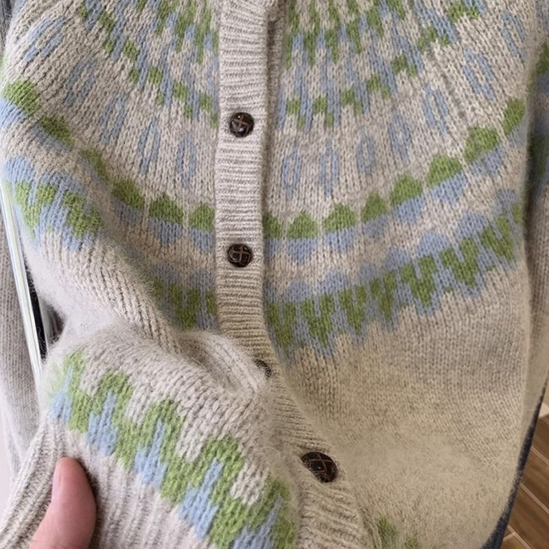 Damski kardigan od pliš velura s uzorkom Fair Isle, božićni motiv, za proleće i jesen, debeli pleteni kaput, udoban ležerni stil