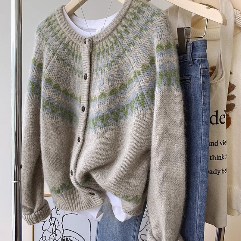 Damski kardigan od pliš velura s uzorkom Fair Isle, božićni motiv, za proleće i jesen, debeli pleteni kaput, udoban ležerni stil