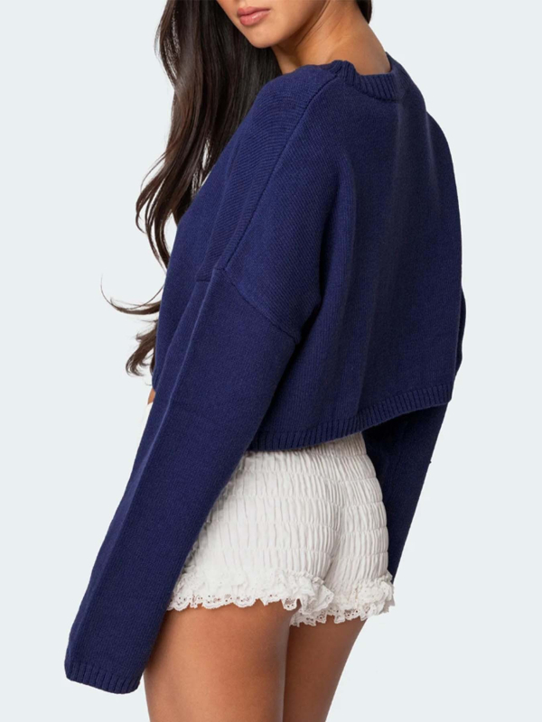 Pletena bluza s motivom leptira i mašnicom, Core Yarn vlakna s viskozom 50–70% i poliester pod 30%, pulover s dugim rukavima, kratka duljina (40–50 cm)