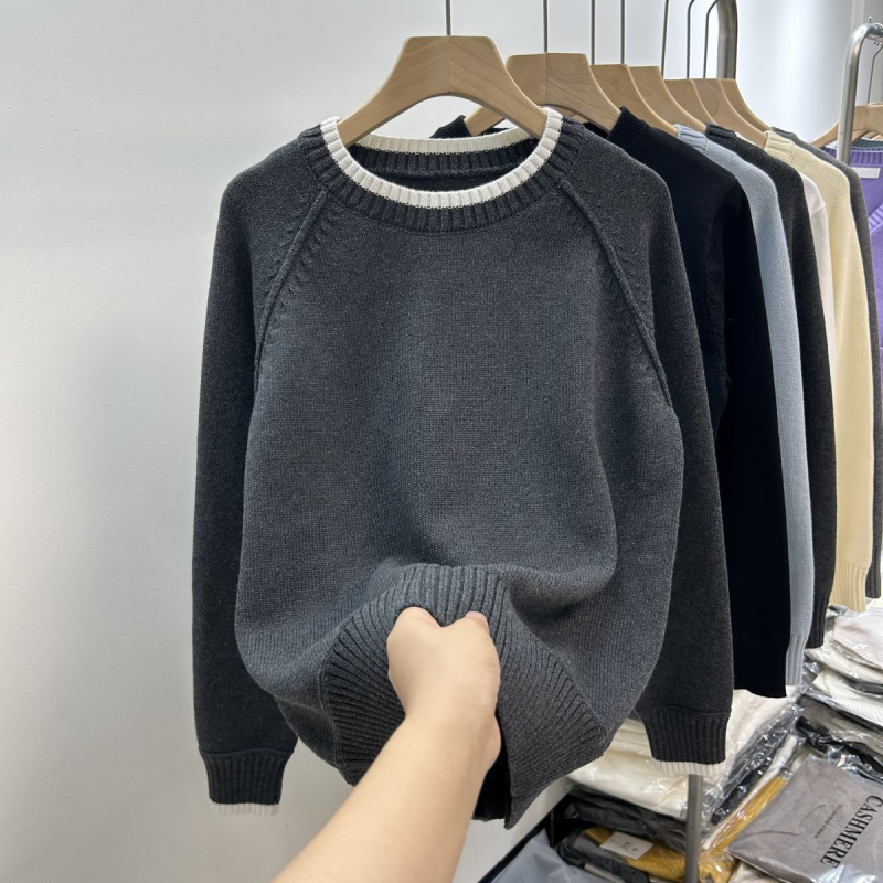 Ženski pulover s okruglim izrezom, udoban kroj, kašmir smjesa, duge rukave, kratka duljina (40–50 cm), japansko-korejski ležerni stil