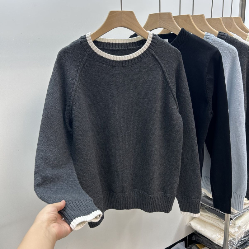 Ženski pulover s okruglim izrezom, udoban kroj, kašmir smjesa, duge rukave, kratka duljina (40–50 cm), japansko-korejski ležerni stil