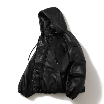 PU kožna jakna, vintage stil, kapuljača, široka silueta, zip zatvaranje, poliester podstava