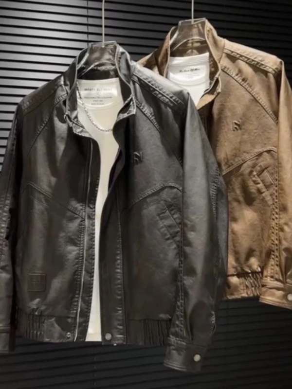 Muška PU kožna jakna s podstavom od flisa, slobodan kroj, bikerski stil, stojeći ovratnik, zatvarač sprijeda, jesen 2024