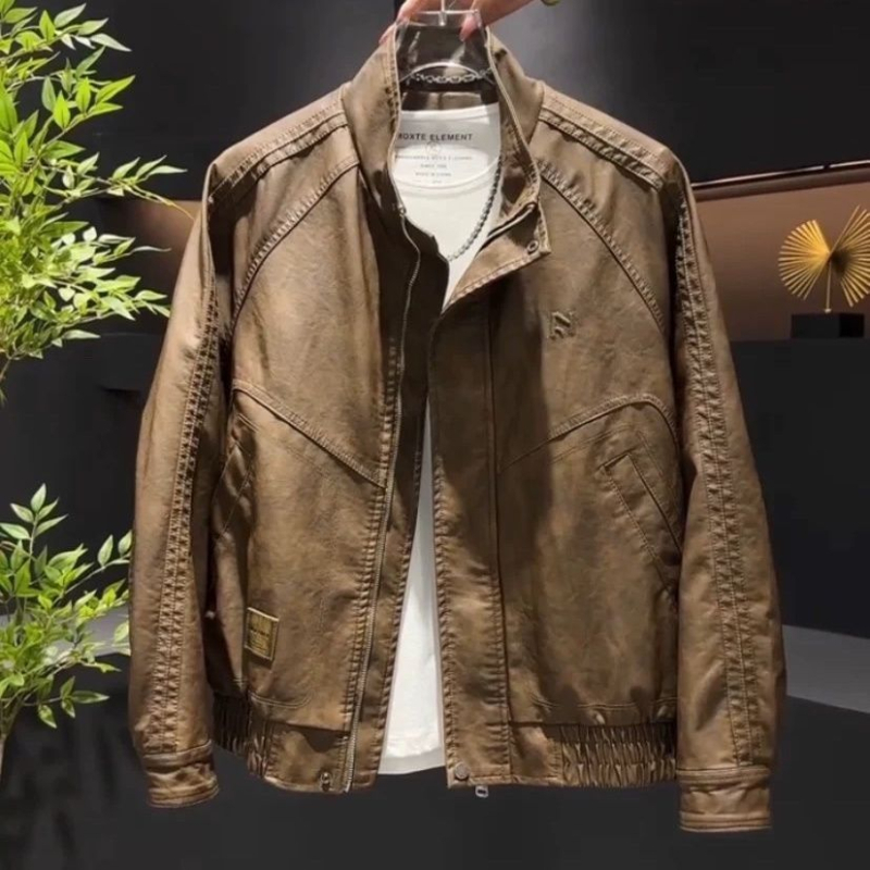 Muška PU kožna jakna s podstavom od flisa, slobodan kroj, bikerski stil, stojeći ovratnik, zatvarač sprijeda, jesen 2024
