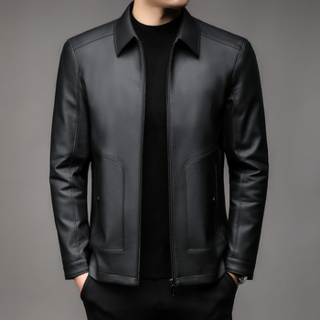 Geacă din piele naturală de capră pentru bărbați, cu guler rever, închidere cu fermoar, căptușeală din poliester, pentru bărbați maturi