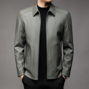 Geacă din piele naturală de capră pentru bărbați, cu guler rever, închidere cu fermoar, căptușeală din poliester, pentru bărbați maturi