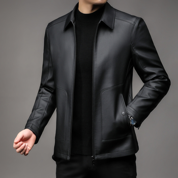Geacă din piele naturală de capră pentru bărbați, cu guler rever, închidere cu fermoar, căptușeală din poliester, pentru bărbați maturi