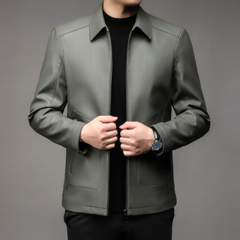 Geacă din piele naturală de capră pentru bărbați, cu guler rever, închidere cu fermoar, căptușeală din poliester, pentru bărbați maturi