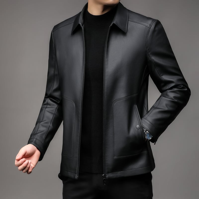 Geacă din piele naturală de capră pentru bărbați, cu guler rever, închidere cu fermoar, căptușeală din poliester, pentru bărbați maturi