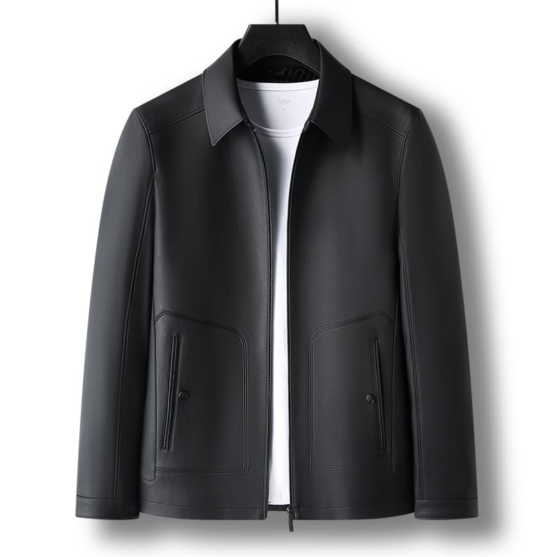 Geacă din piele naturală de capră pentru bărbați, cu guler rever, închidere cu fermoar, căptușeală din poliester, pentru bărbați maturi