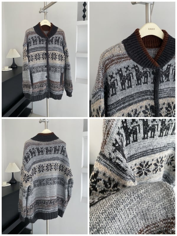 Vuneni kardigan s jacquard geometrijskim uzorkom, debeli pleteni, okrugli ovratnik