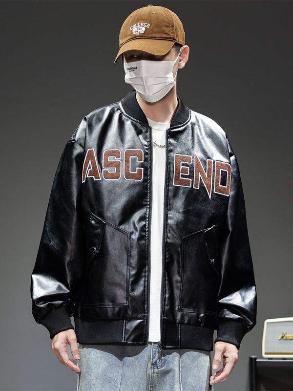 Muška PU kožna jakna s izvezenim detaljima, plus veličina, bikerski stil, baseball ovratnik