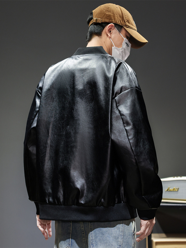 Muška PU kožna jakna s izvezenim detaljima, plus veličina, bikerski stil, baseball ovratnik