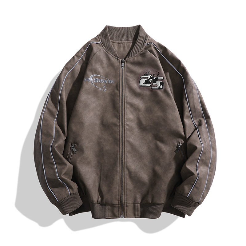 Muška kožna jakna, biker stil, prirodna koža, stojeći ovratnik, ziper, tijesni kroj