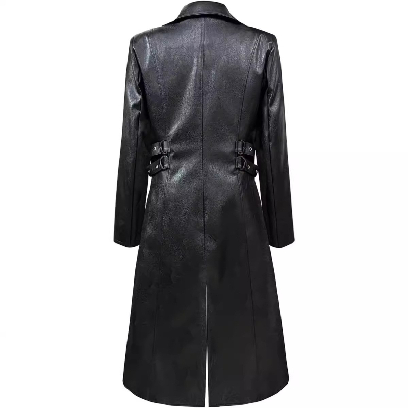 PU bőrből készült középhosszú kabát cipzáras záródással, vintage steampunk-gótikus stílusú férfiaknak