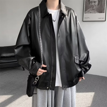 Férfi PU bőrdzseki, koreai változat, cipzár az elején, kapucni nélkül, poliészter bélés