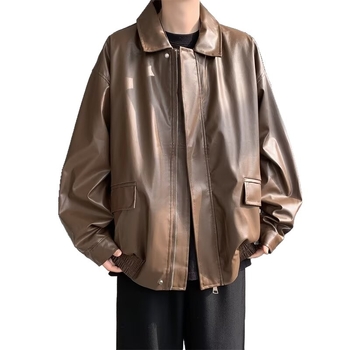 Férfi PU bőrdzseki, koreai változat, cipzár az elején, kapucni nélkül, poliészter bélés