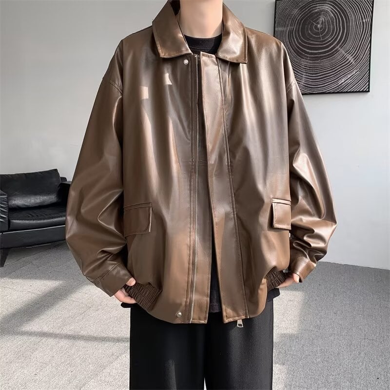 Férfi PU bőrdzseki, koreai változat, cipzár az elején, kapucni nélkül, poliészter bélés