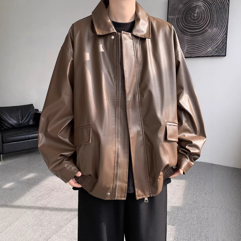 Férfi PU bőrdzseki, koreai változat, cipzár az elején, kapucni nélkül, poliészter bélés