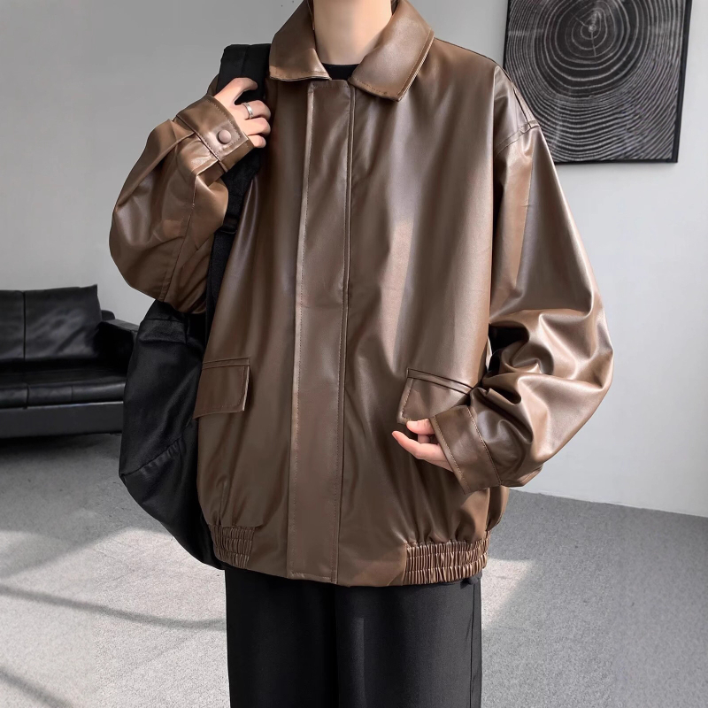 Férfi PU bőrdzseki, koreai változat, cipzár az elején, kapucni nélkül, poliészter bélés