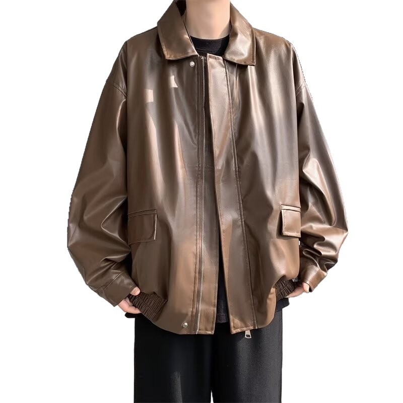 Férfi PU bőrdzseki, koreai változat, cipzár az elején, kapucni nélkül, poliészter bélés