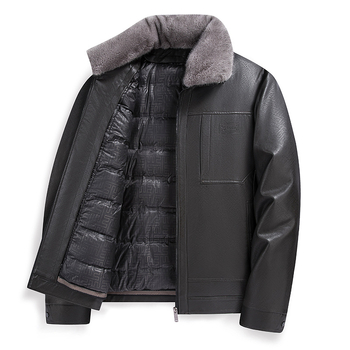 Мъжко PU кожено яке с лацкан, ципно закопчаване, сваляща се подплата от бял пух патица, странични джобове