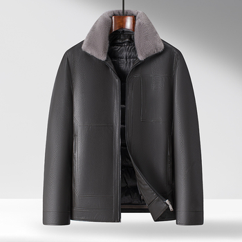 Мъжко PU кожено яке с лацкан, ципно закопчаване, сваляща се подплата от бял пух патица, странични джобове