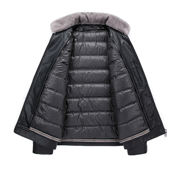 Мъжко PU кожено яке с лацкан, ципно закопчаване, сваляща се подплата от бял пух патица, странични джобове