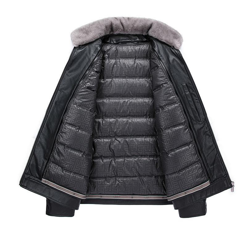 Мъжко PU кожено яке с лацкан, ципно закопчаване, сваляща се подплата от бял пух патица, странични джобове