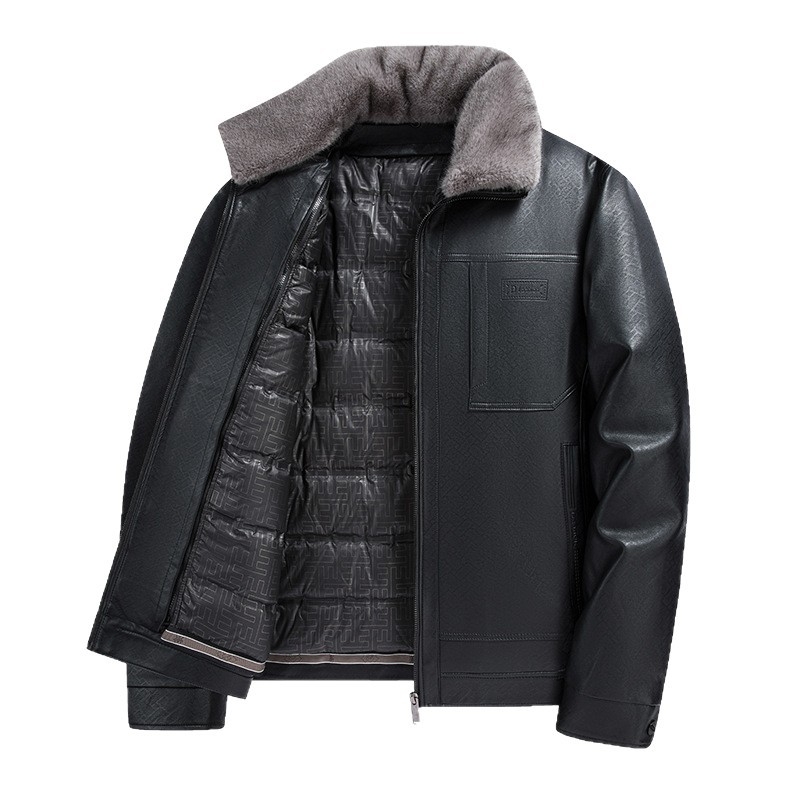 Мъжко PU кожено яке с лацкан, ципно закопчаване, сваляща се подплата от бял пух патица, странични джобове