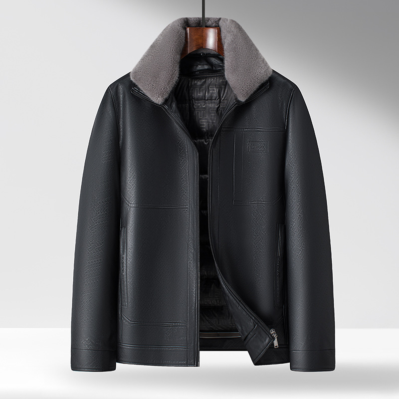 Мъжко PU кожено яке с лацкан, ципно закопчаване, сваляща се подплата от бял пух патица, странични джобове