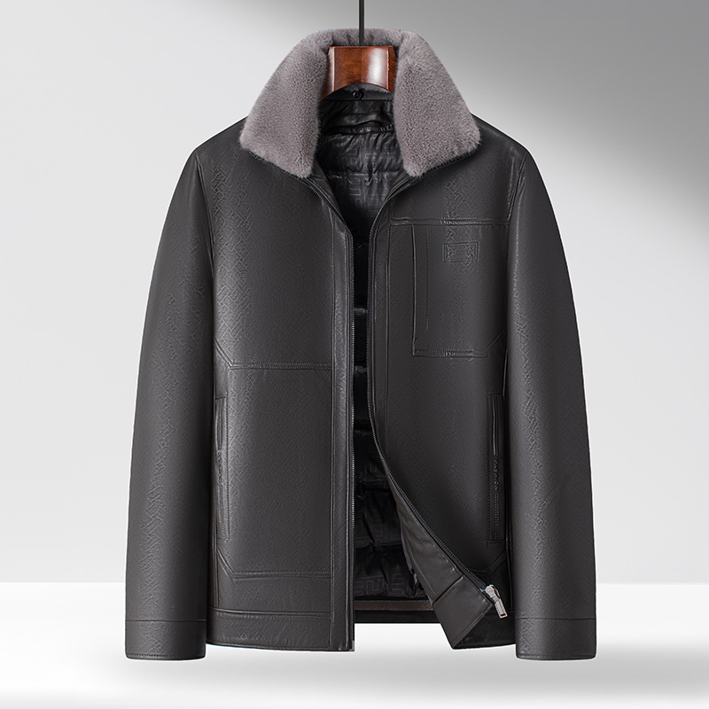 Мъжко PU кожено яке с лацкан, ципно закопчаване, сваляща се подплата от бял пух патица, странични джобове