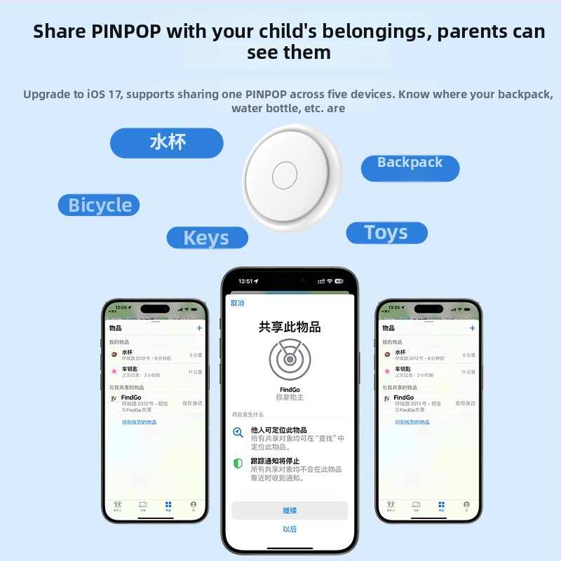 Устройство за проследяване с GPS – антизагубващо, за възрастни, деца, домашни любимци и ключове, ABS материал, Батерия 200, Тегло 8 g, модел FindGO