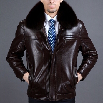 Férfi PU bőrdzseki szőrme gallérral és fleece béléssel, koreai stílus, elől cipzár, lazított szabás