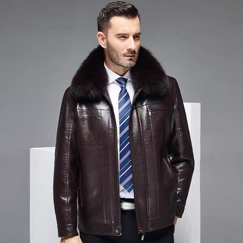 Férfi PU bőrdzseki szőrme gallérral és fleece béléssel, koreai stílus, elől cipzár, lazított szabás