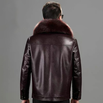 Férfi PU bőrdzseki szőrme gallérral és fleece béléssel, koreai stílus, elől cipzár, lazított szabás