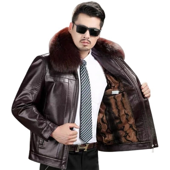 Férfi PU bőrdzseki szőrme gallérral és fleece béléssel, koreai stílus, elől cipzár, lazított szabás