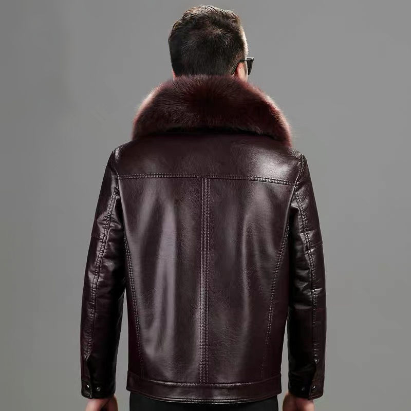 Férfi PU bőrdzseki szőrme gallérral és fleece béléssel, koreai stílus, elől cipzár, lazított szabás