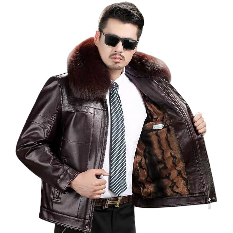 Férfi PU bőrdzseki szőrme gallérral és fleece béléssel, koreai stílus, elől cipzár, lazított szabás