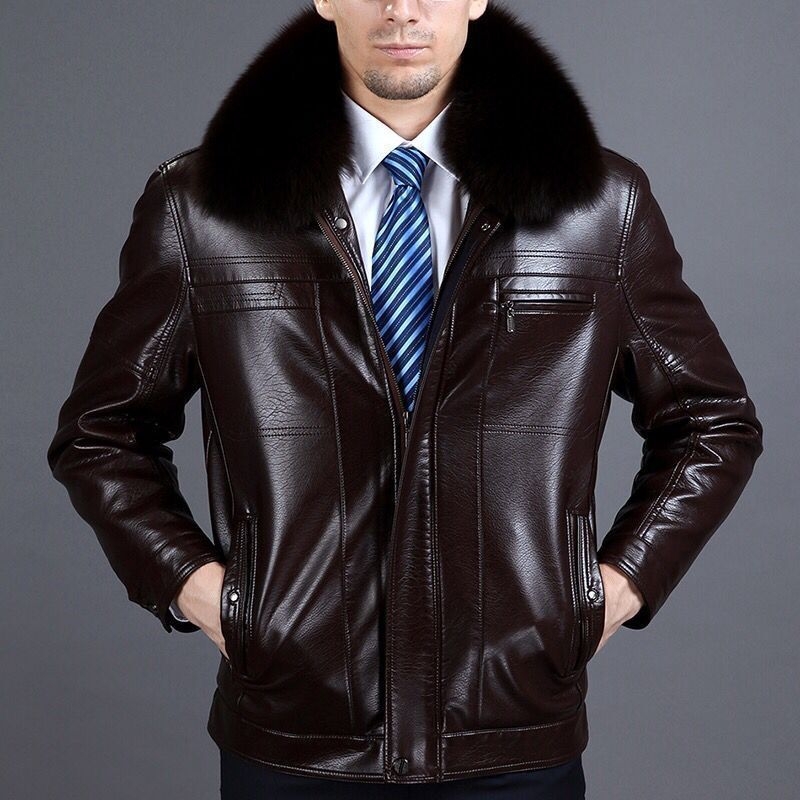 Férfi PU bőrdzseki szőrme gallérral és fleece béléssel, koreai stílus, elől cipzár, lazított szabás