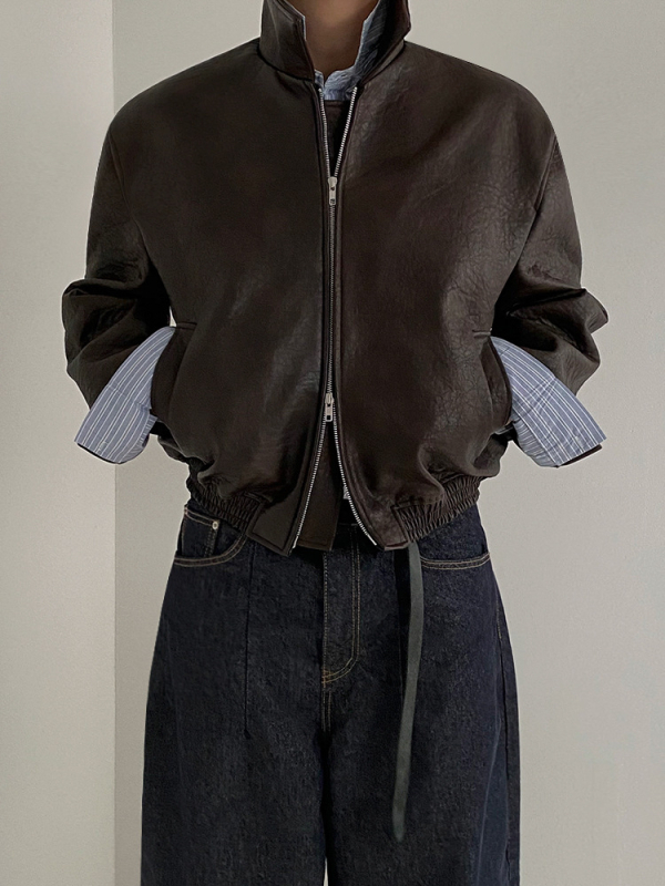 Muška kožna jakna u retro stilu, korejski stil, ovratnik s reverom, zatvarač, PU koža
