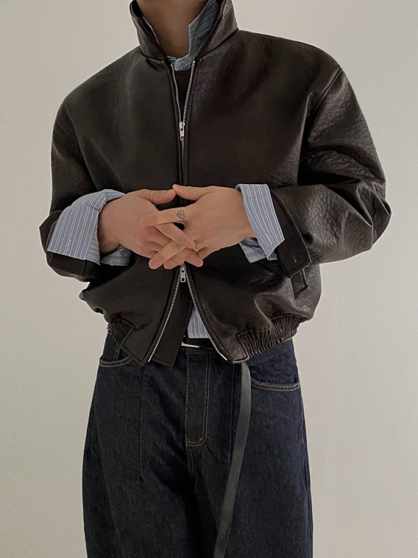 Muška kožna jakna u retro stilu, korejski stil, ovratnik s reverom, zatvarač, PU koža