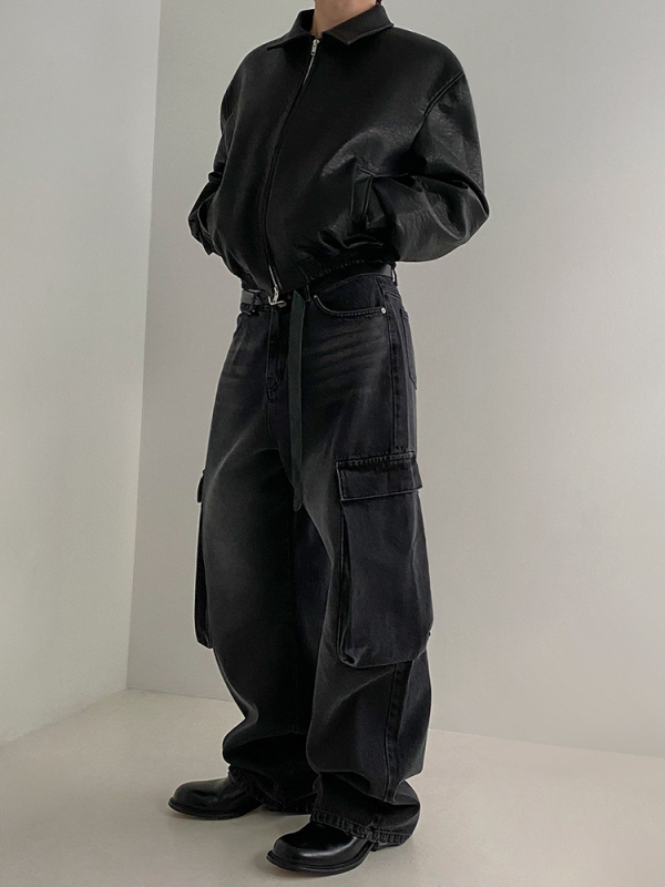 Muška kožna jakna u retro stilu, korejski stil, ovratnik s reverom, zatvarač, PU koža