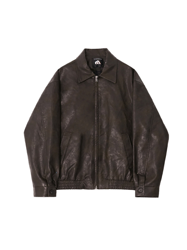 Muška kožna jakna u retro stilu, korejski stil, ovratnik s reverom, zatvarač, PU koža