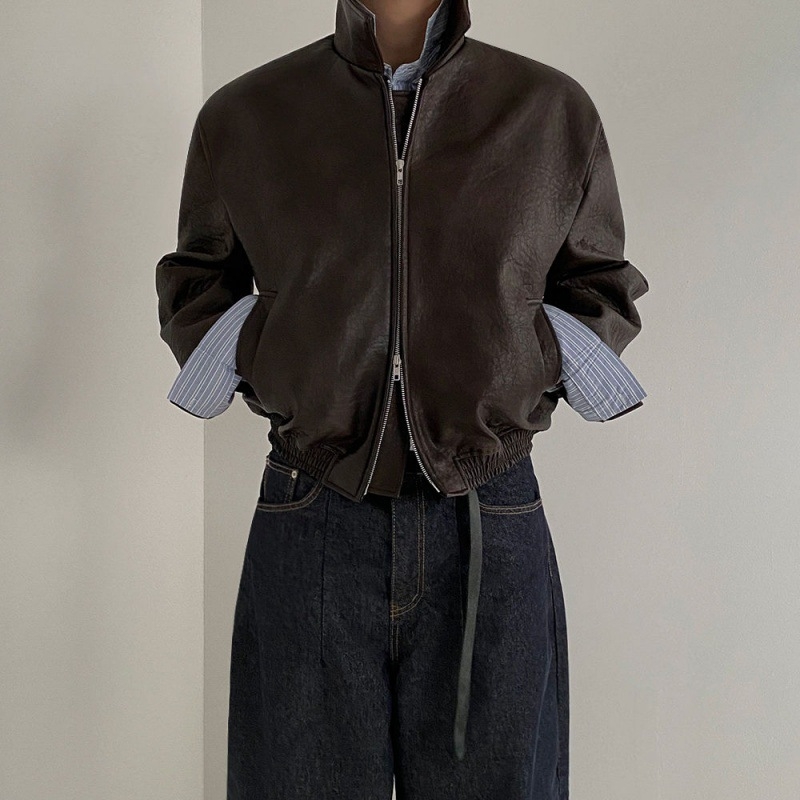 Muška kožna jakna u retro stilu, korejski stil, ovratnik s reverom, zatvarač, PU koža