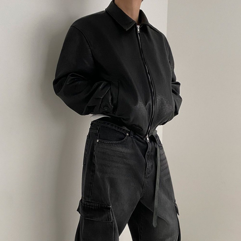 Muška kožna jakna u retro stilu, korejski stil, ovratnik s reverom, zatvarač, PU koža